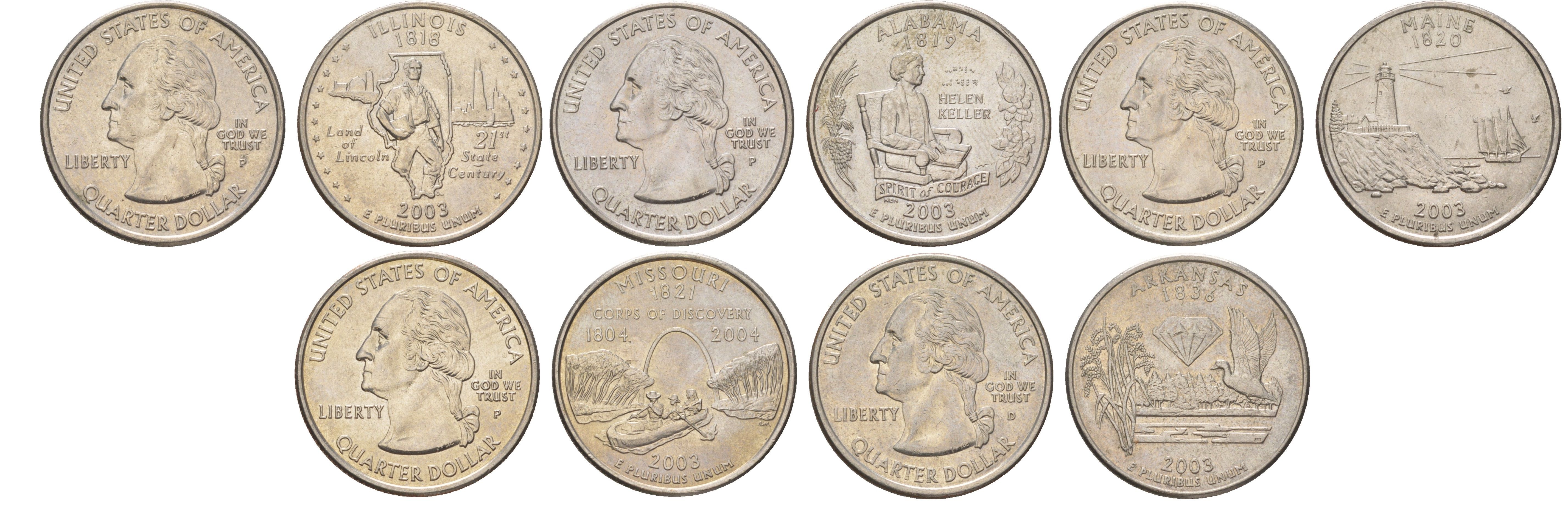 США годовой набор из 5 монет (25 центов, квотер, 1/4 доллара) серии квотеры 50 штатов 2003 Квотер штата Иллинойс, Алабама, Мэн, Миссури и Арканзас KM 343, 344, 345, 346 и 347 медь плакированный медно-никелем UNC 4628-1222-1226