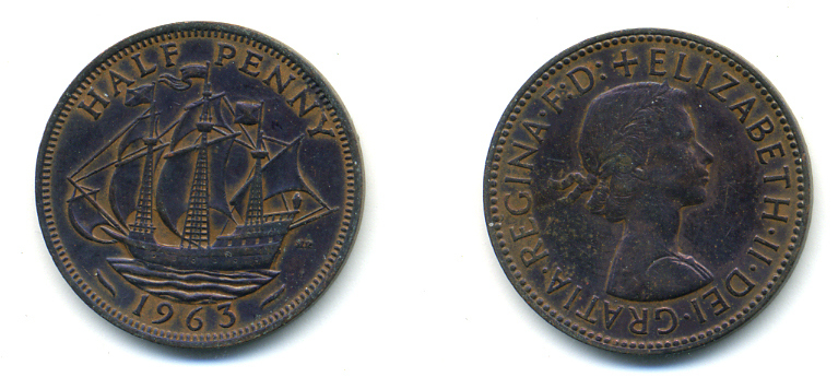 Великобритания 1/2 пенни 1963 Елизавета II (1952-2022) KM 896, Spink 4158 бронза 83-444