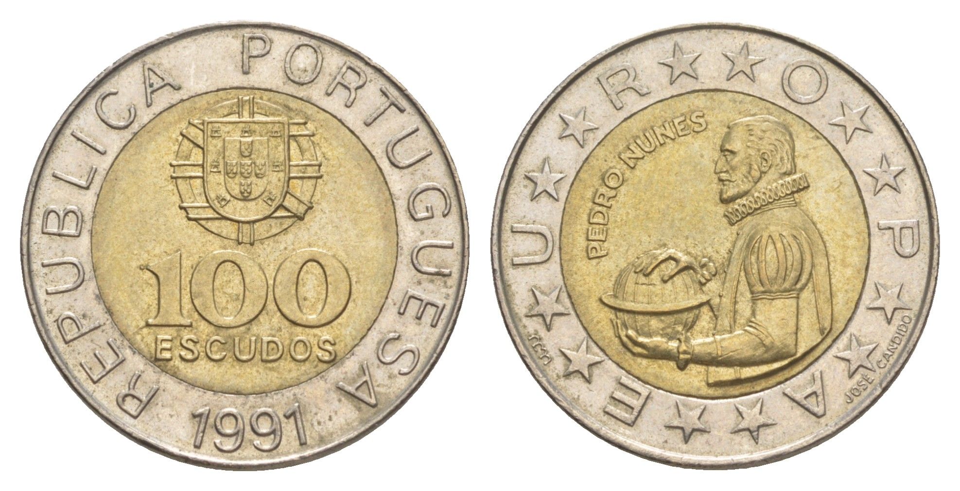 Португалия 100 эскудо 1991 Педру Нуниш (1502-1578), математик KM 645 биметалл 4388-1116