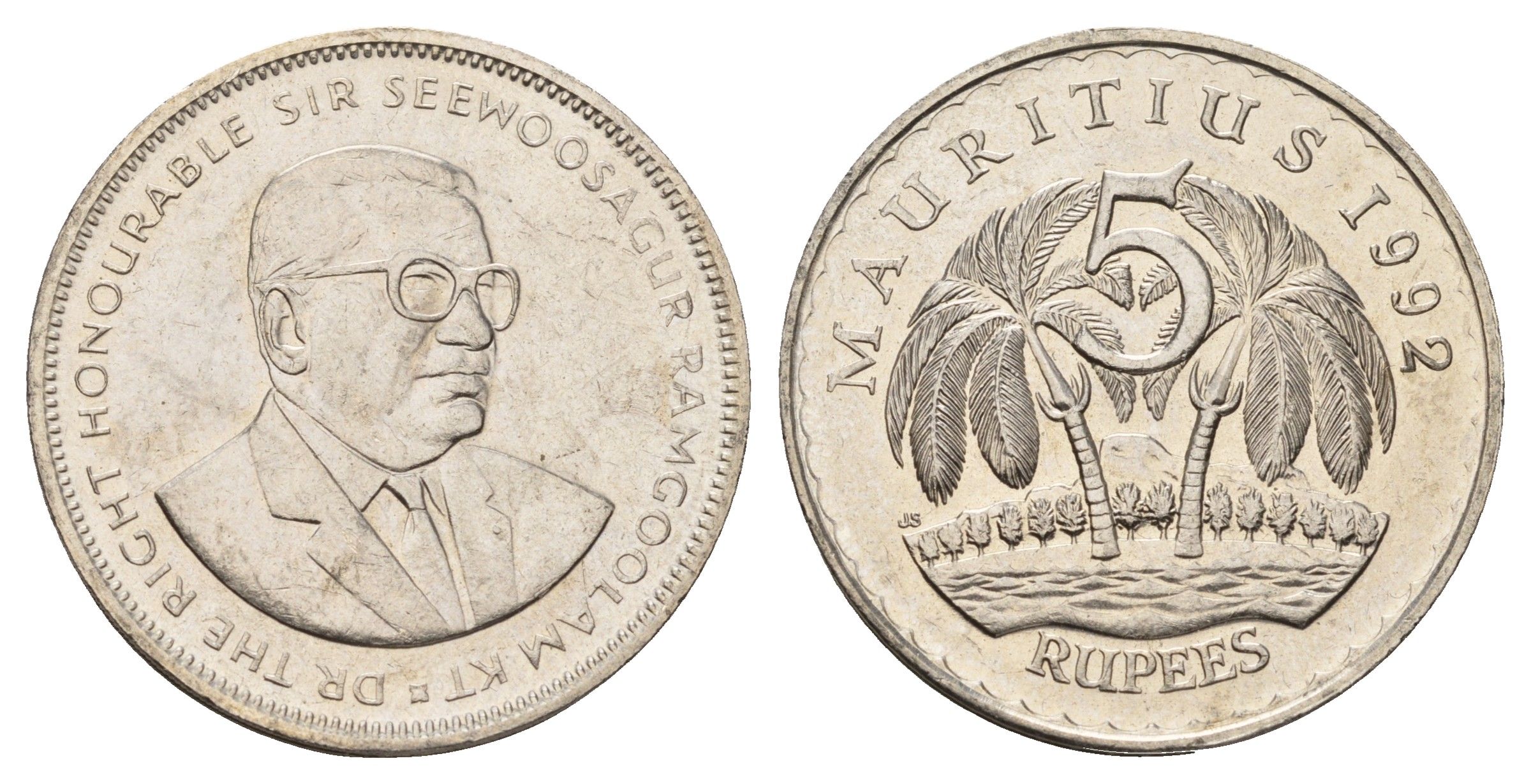 Маврикий 5 рупий 1992 KM 56 медно-никель UNC 4661-335