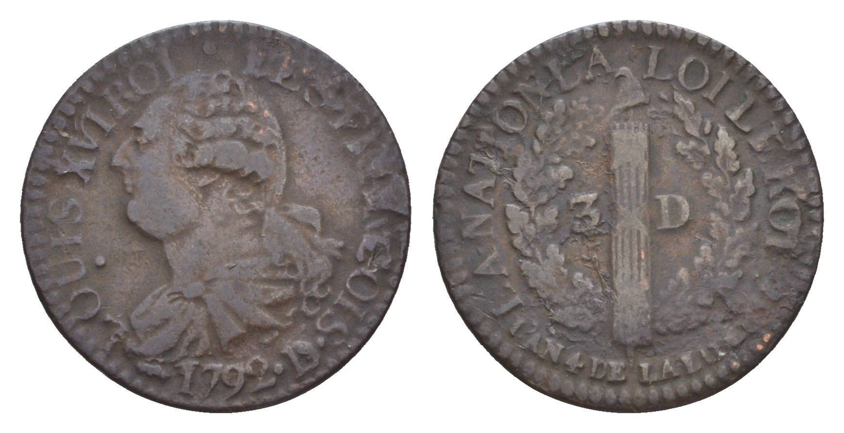 Франция 3 денье 1792 D, Людовик XVI (1774-1792) KM 608 медь 443-1625