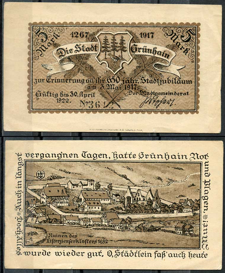 Германия, Грюнхайн 5 марок 1922 нотгельд, 03.05.1917 Grabowski 491.1  бумага  UNC (пресс) 444-88-3-1