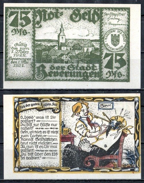 Беверунген (Пруссия, Вестфалия) 75 пфеннигов 1921 Mehl Grabowski 99.3-2/3 бумага UNC (пресс) 7556-52-4-2