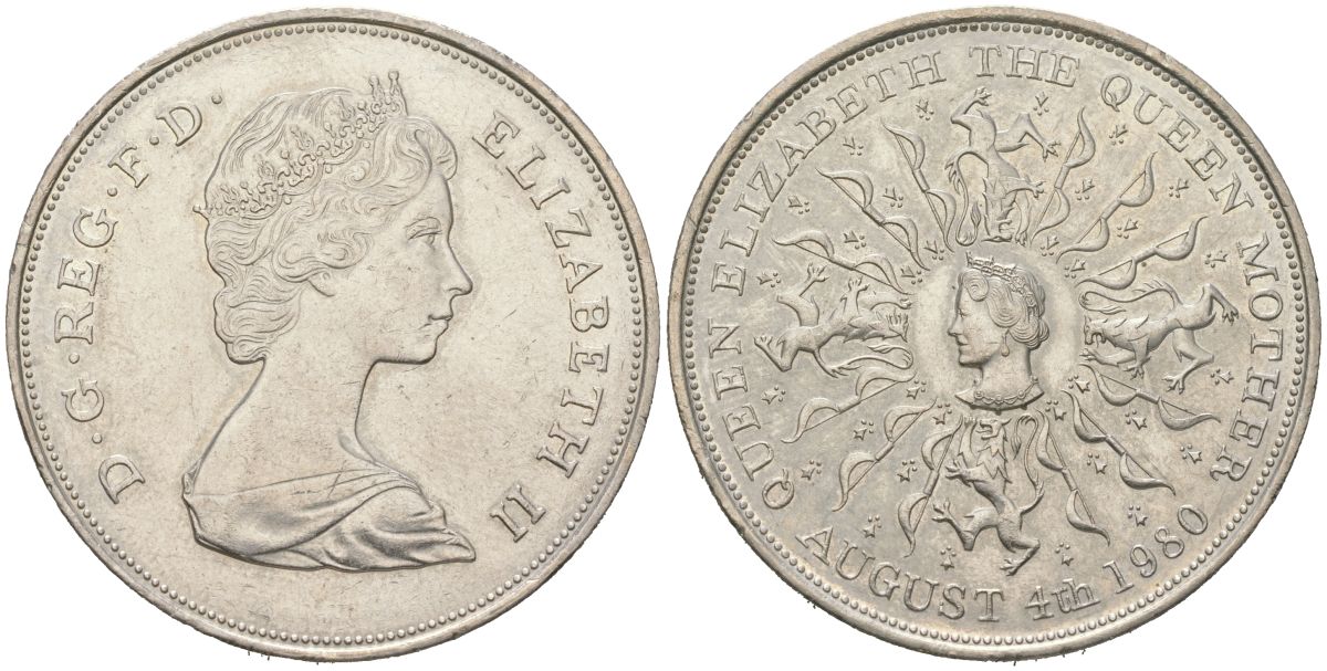 Великобритания 25 пенсов 1980 80 лет королеве Елизавете-королеве матери, Елизавета II (1952-2022) KM 921, Spink 2228 медно-никель UNC 00-1067-4-21