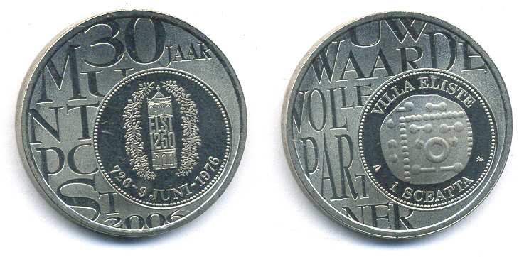 Нидерланды жетон 2006 30 лет пересылке монет по почте, диаметр 27 мм., магнитный, в конверте, 1 sceatta 2006 никелированная сталь UNC 00-00