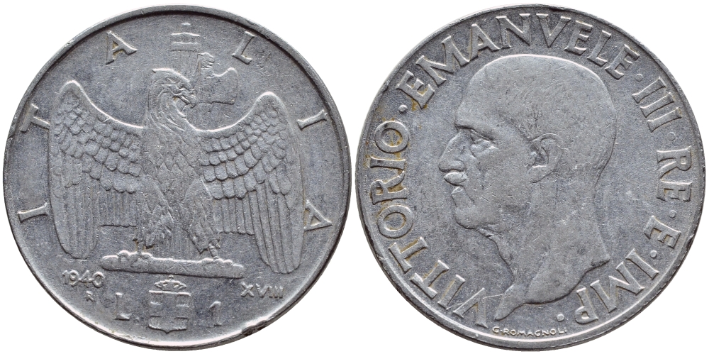 ИТАЛИЯ 1 ЛИРА 1940 XVIII ГОД, МАГНИТНАЯ KM 77b сталь 4398-1037