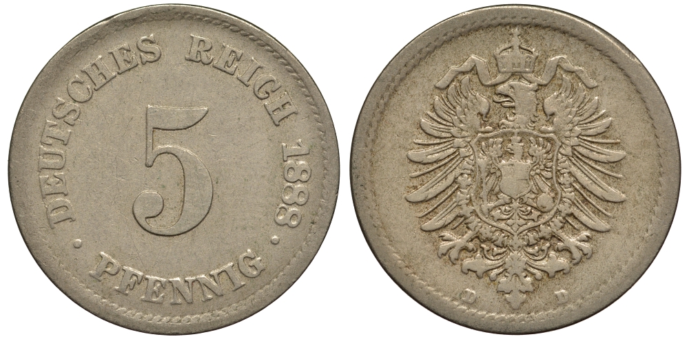 Германия 5 пфеннигов 1888 D, старогербовка KM 3, J. 3 медно-никель 413-5224