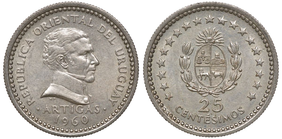 Уругвай 25 сентесимо 1960 KM 40 медно-никель 4169-843