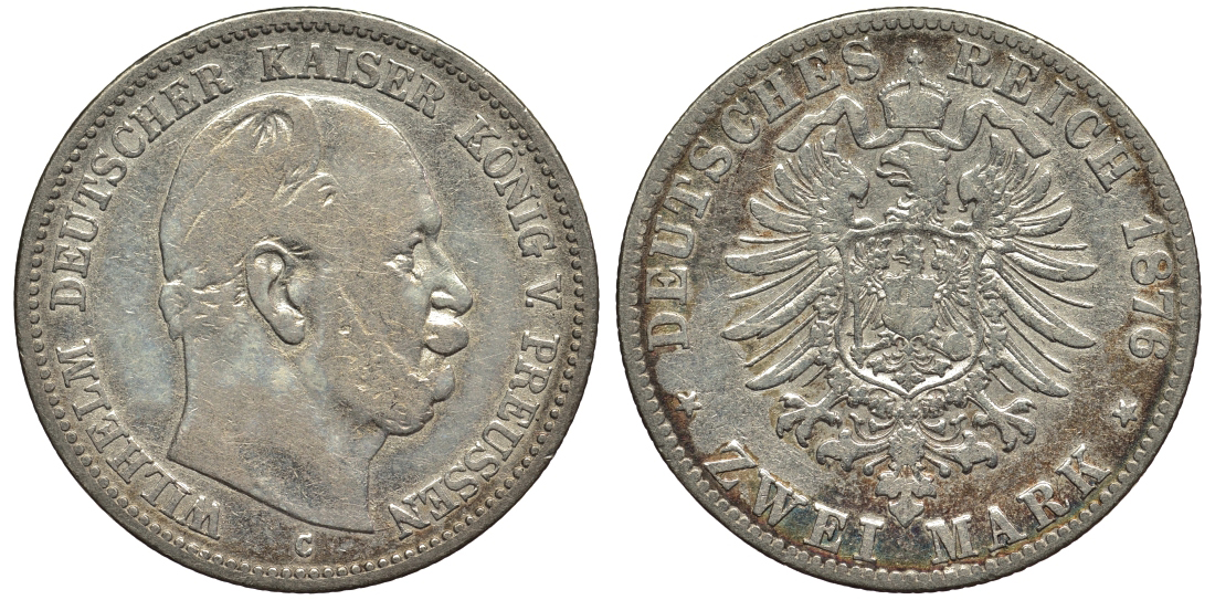 Пруссия 2 марки 1876 C, Вильгельм I (1861-1888) Weege 96, J. 96, KM 506 серебро 02-014-16