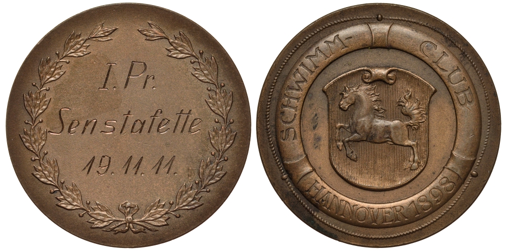 Германия медаль 1911 I место в соревнованиях по плаванию в Ганновере, 33,3 мм, 18,3 гр бронза 1082-6-12