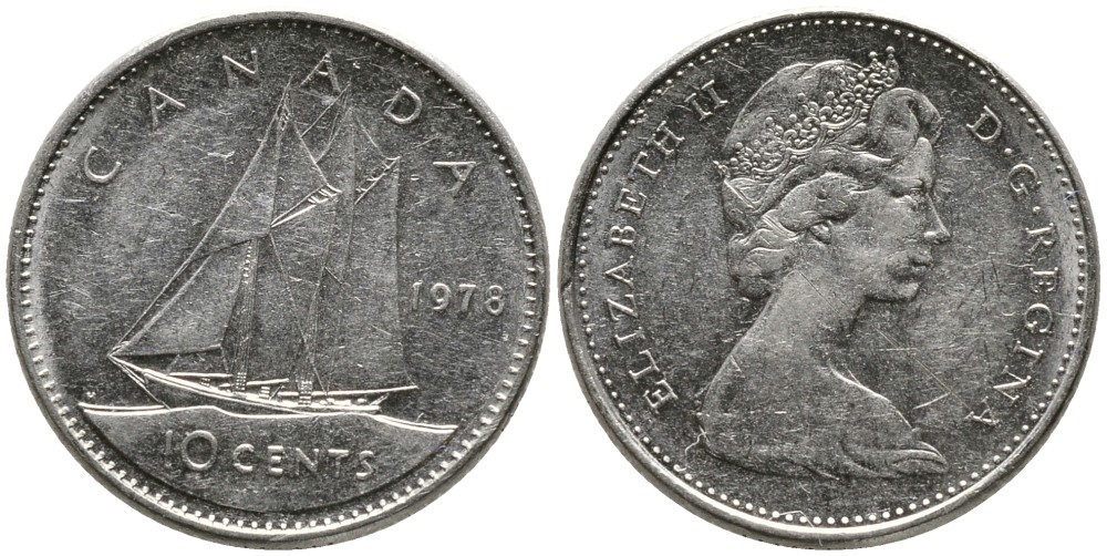 КАНАДА 10 ЦЕНТОВ 1978 ЕЛИЗАВЕТА II (1952-), ПАРУСНИК, ВТОРОЙ ПОРТРЕТ В КОРОНЕ KM 77.1 никель 4532-823