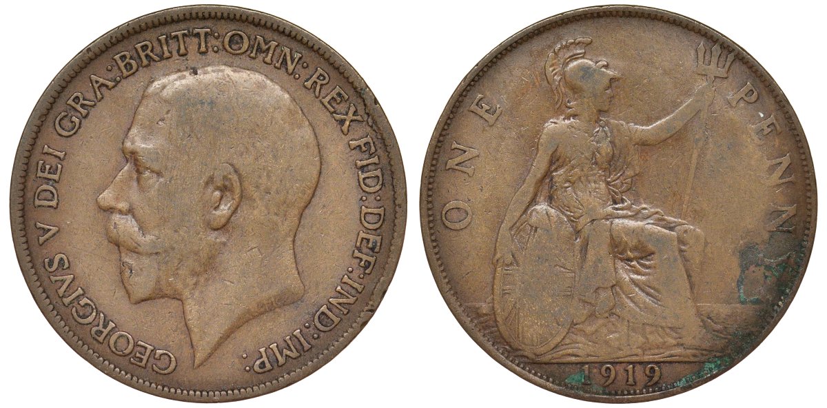 Великобритания 1 пенни 1919 Георг V (1910-1936) KM 810, Spink 4051 бронза 4123-546