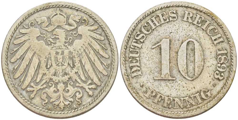 ГЕРМАНИЯ 10 ПФЕННИГОВ 1893 A KM 12, J. 13, Weege 8 медно-никель 261-1247