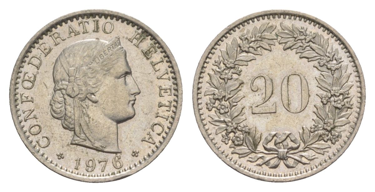 Швейцария 20 раппенов 1976 KM 29a медно-никель 4630-1023