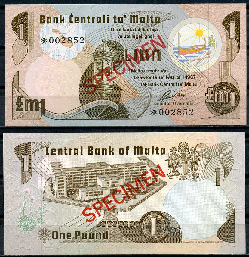 Мальта 1, 5 и 10 лир (фунтов) L. 1967 (1979) образец, Specimen, № 002852 Pick 34 s, 35 s, 36 s  бумага  UNC (пресс) 451-22-2