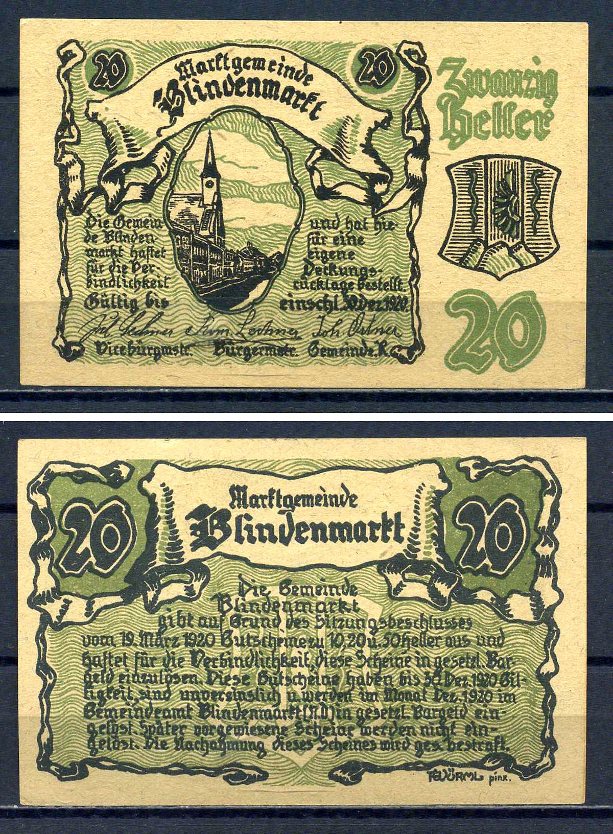 Блинденмаркт (Австрия) 20 геллеров 1920 Jaksc/Pick?JPR0093IIa-20 бумага UNC (пресс) 7556-35-3-1