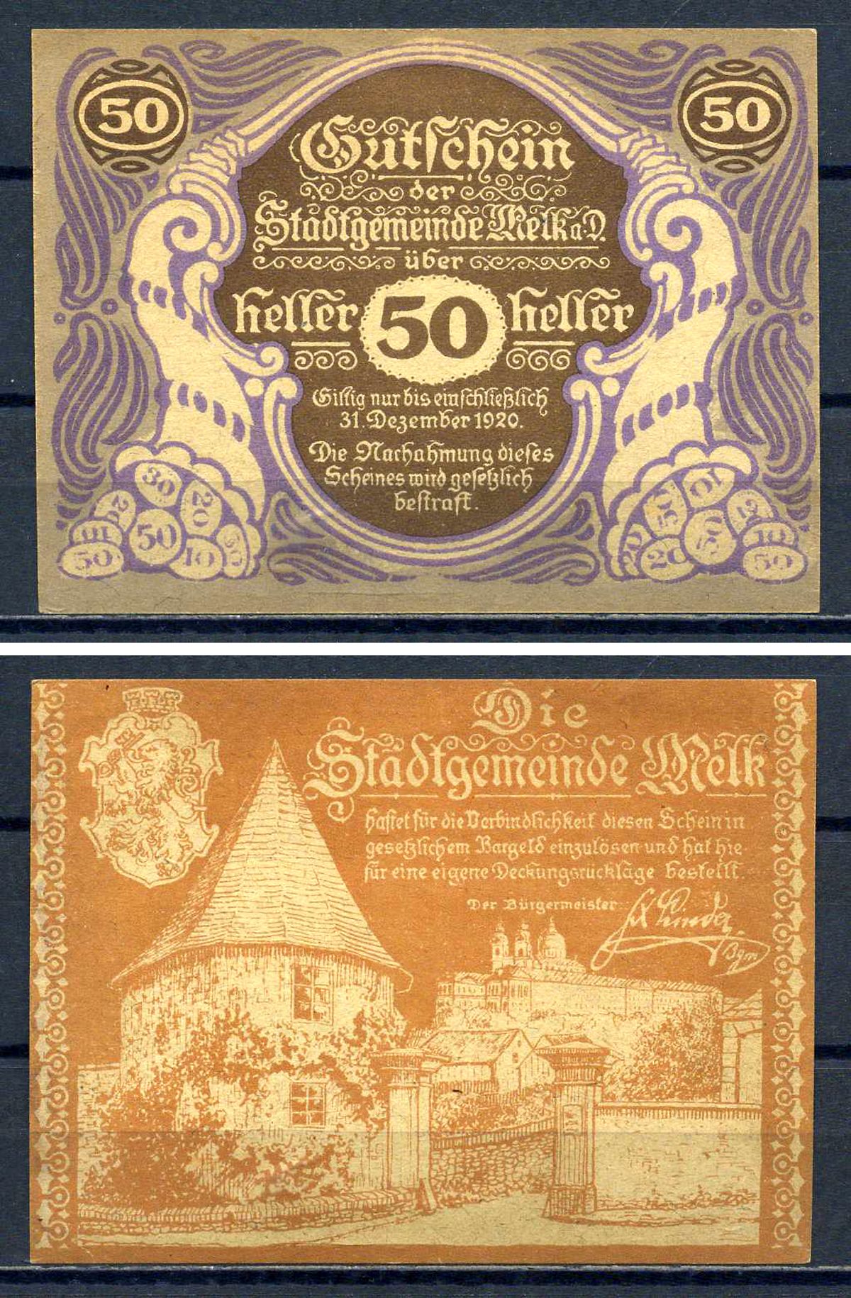 Мельк (Австрия) 50 геллеров 1920 Jaksc/Pick?JPR0605II-50 бумага aUNC 7556-24-4-2