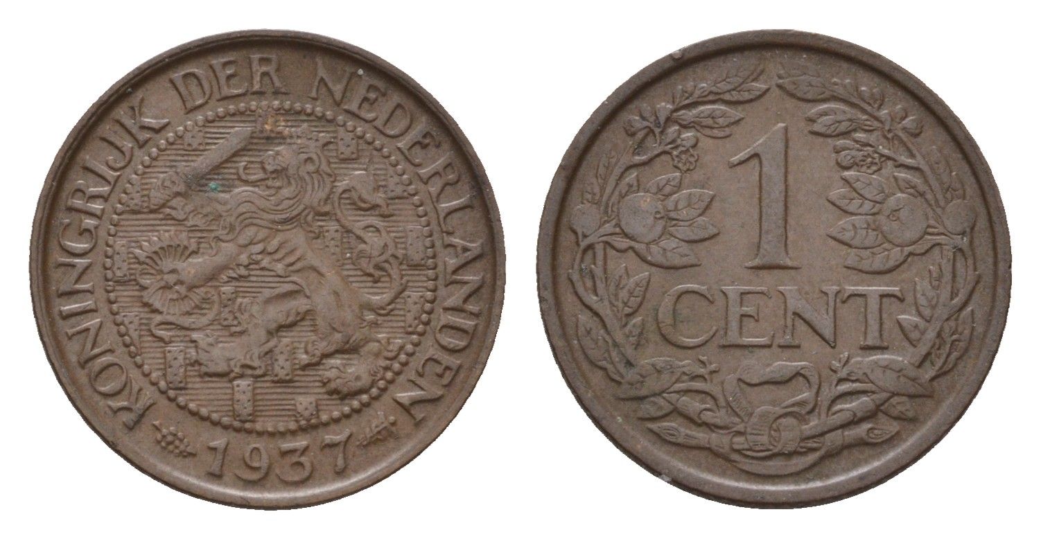 Нидерланды 1 цент 1937 Вильгельмина (1890-1948) KM 152 бронза 4611-1169