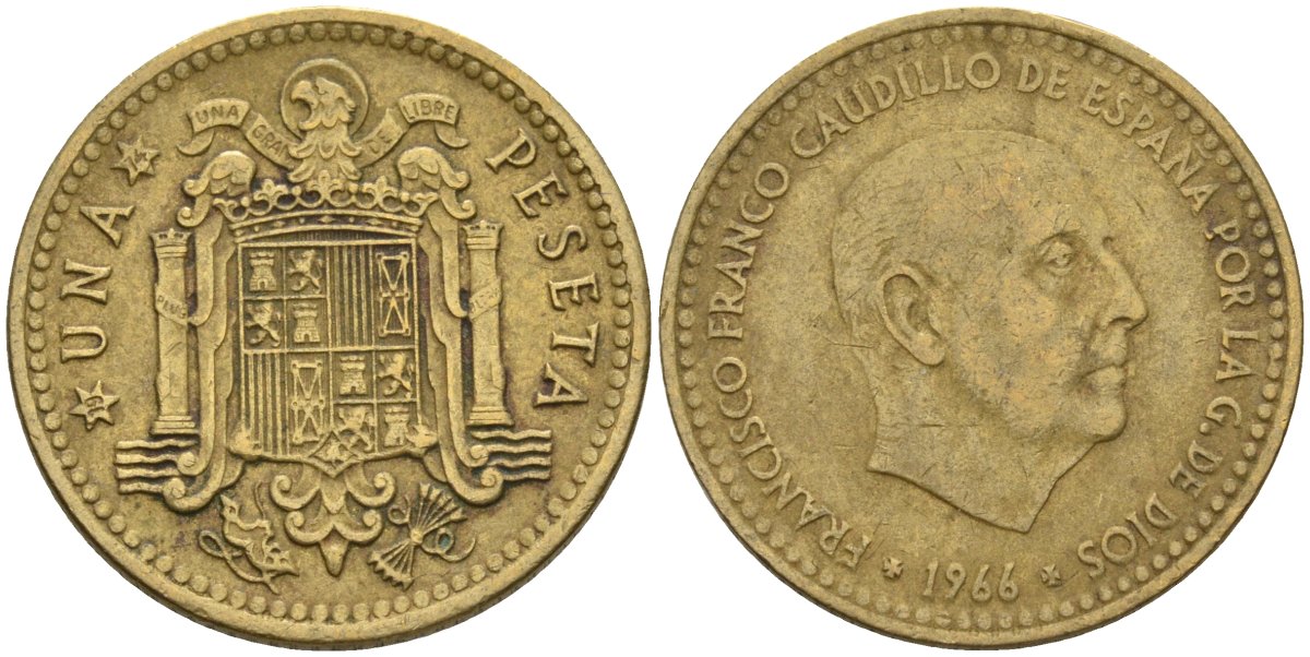 Испания 1 песета 1966 (74) Франсиско Франко (1939-1975) KM 796 алюминиевая бронза 4604-416
