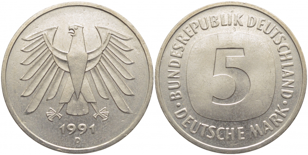 ФРГ 5 МАРОК 1991 D, J. 415, KM 140.1 медно-никель плакированный никелем UNC 109-914