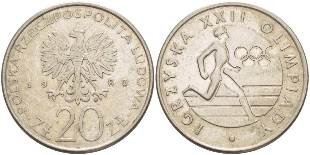 Польша 20 злотых 1980 MW, XXII летние Олимпийские Игры, Москва 1980, бегун KM 108, Parchimowicz 252 медно-никель 4542-1131