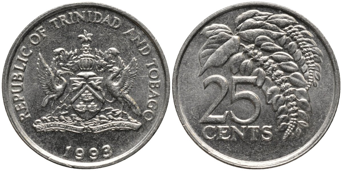 Тринидад и Тобаго 25 центов 1993 цветок дикая пуансеттия KM 32 медно-никель 4577-1253