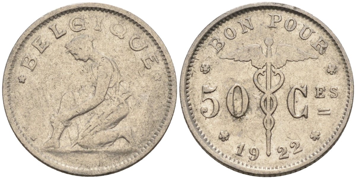 Бельгия 50 сантимов 1920 BELGIQUE KM 87 никель 188-454