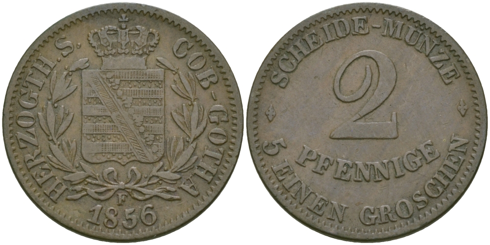 Саксен-Кобург и Гота 2 пфеннига 1856 F, Эрнст II (1844-1893) KM 110 медь 99-743