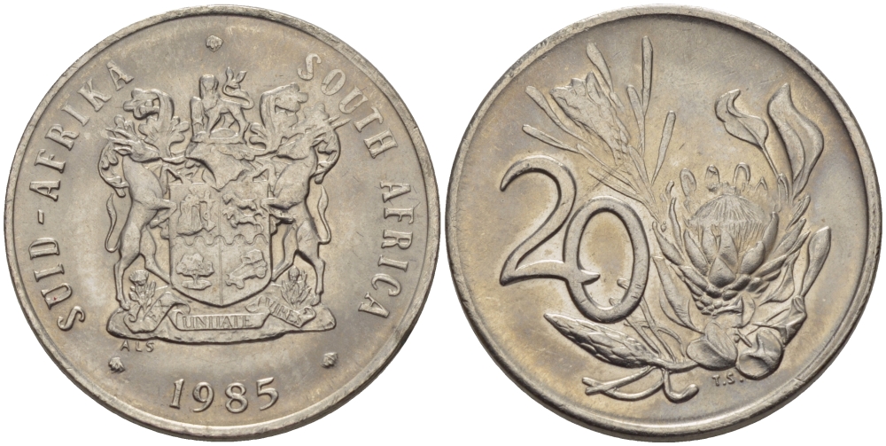 ЮАР 20 ЦЕНТОВ 1985 ГЕРБ, ЦВЕТОК ПРОТЕЯ KM 85 никель UNC 67-456