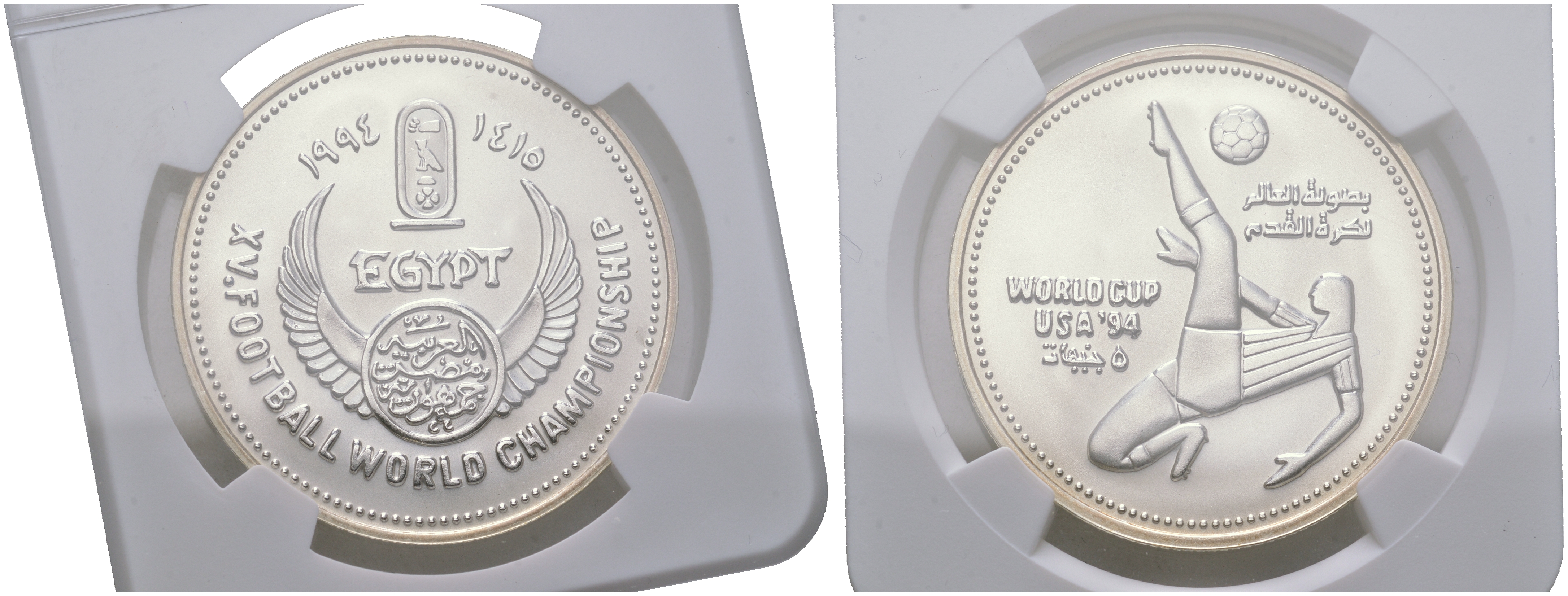 Египет 5 фунтов 1994 15 Чемпионат мира по футболу в США, удар через себя, в слабе NGC MS 69 MATTE KM 738 серебро  UNC  15-011-06