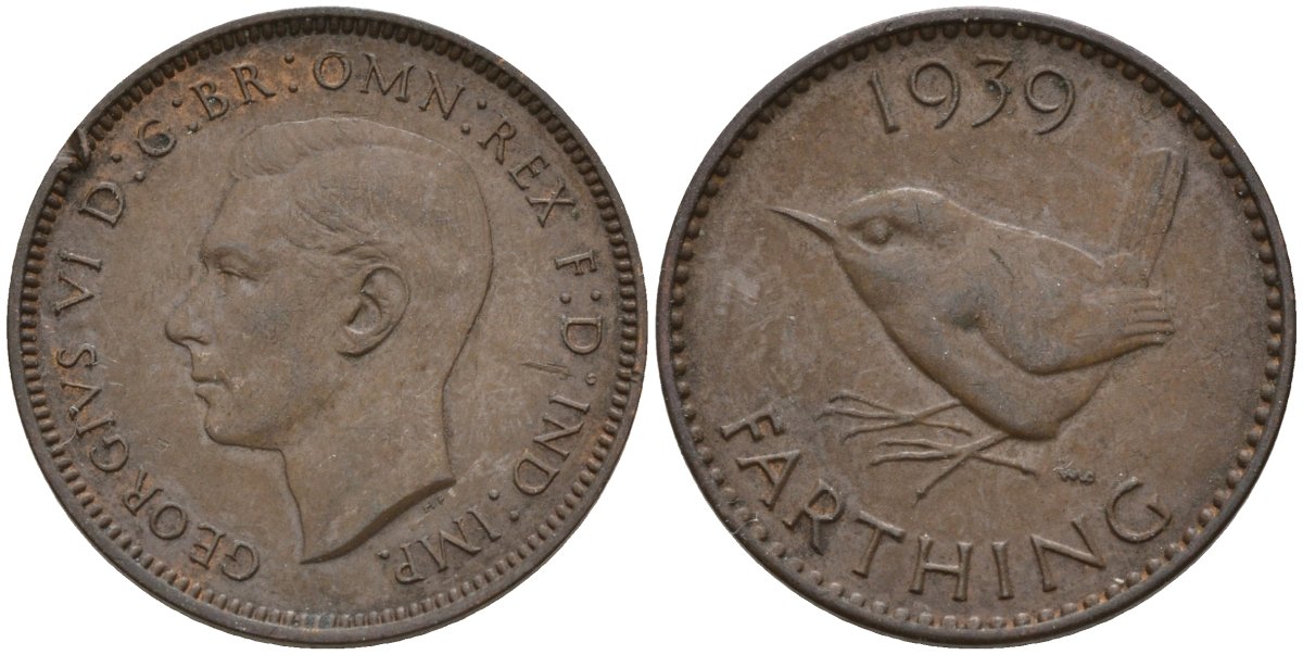 Великобритания 1 фартинг 1939 Георг VI (1936-1952) KM 843, Spink 4116 бронза 4596-1022
