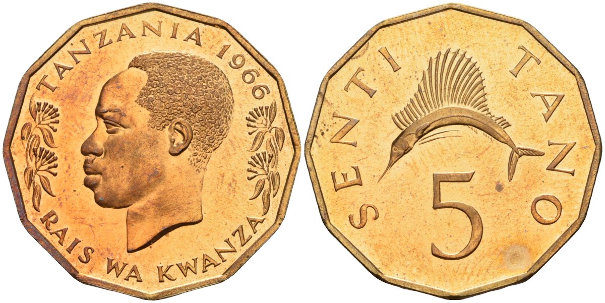 Танзания 5 центов 1966 KM 1 бронза PROOF 00-00