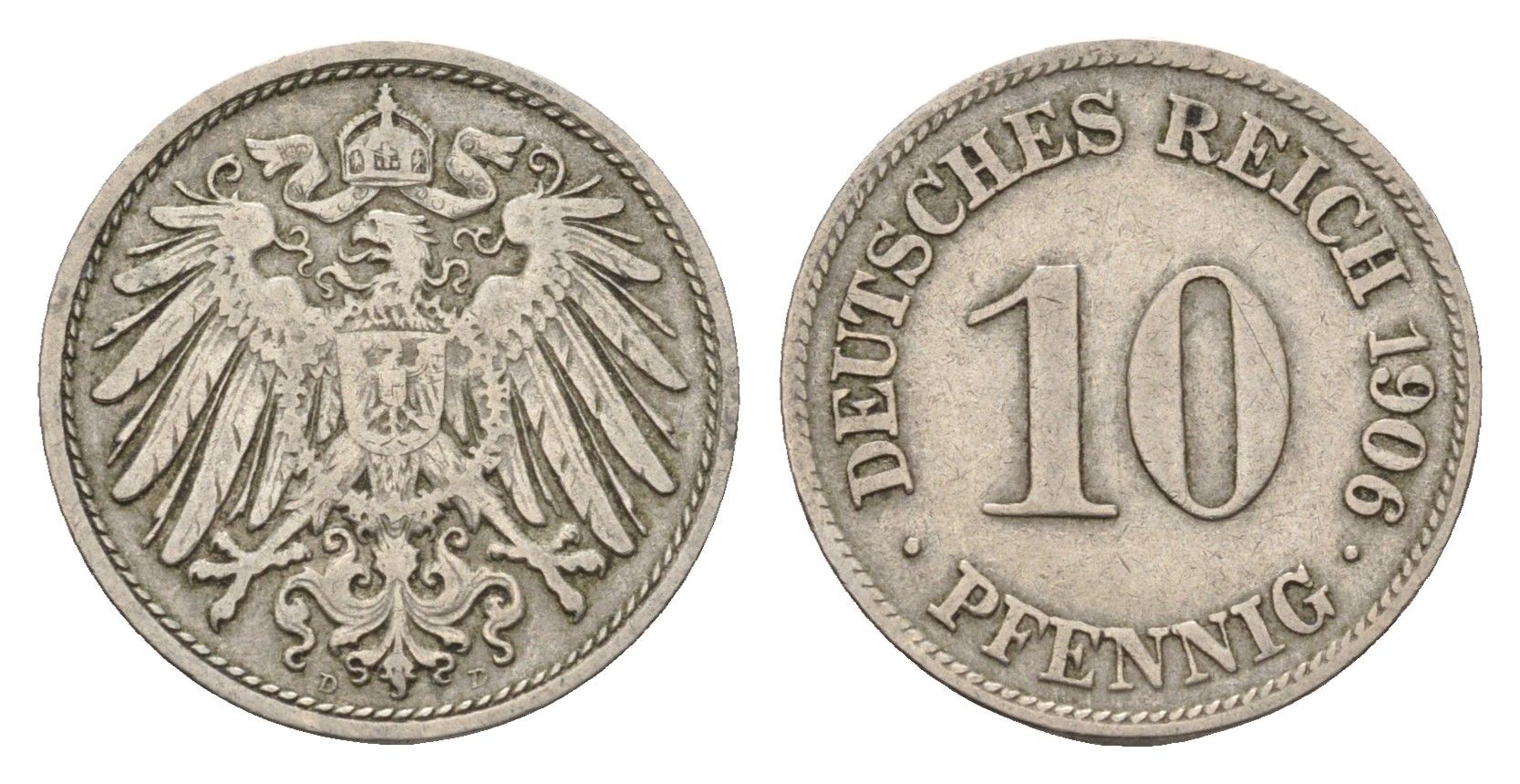 Германия 10 пфеннигов 1906 D, Вильгельм II (1888-1918) KM 12, J. 13 медно-никель 4636-856