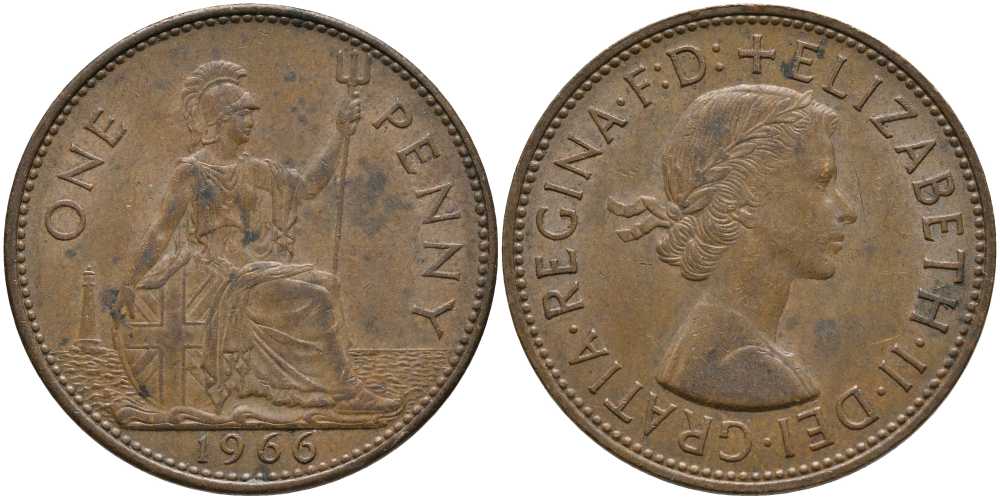 Великобритания 1 пенни 1966 Елизавета II (1952-2022) КМ 897, Spink 4157 бронза 115-446