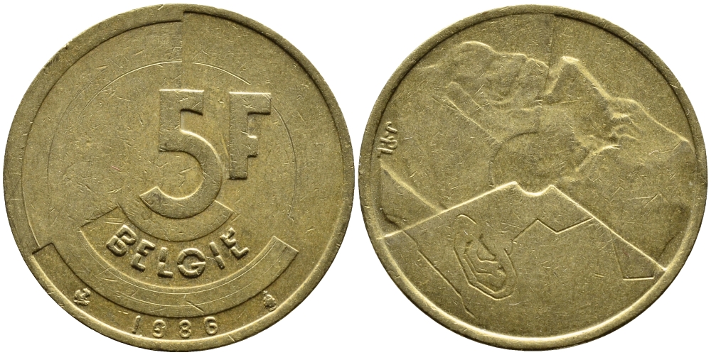 БЕЛЬГИЯ 5 ФРАНКОВ 1986 BELGIE KM 164 латунь или алюминиевая бронза 4390-1133