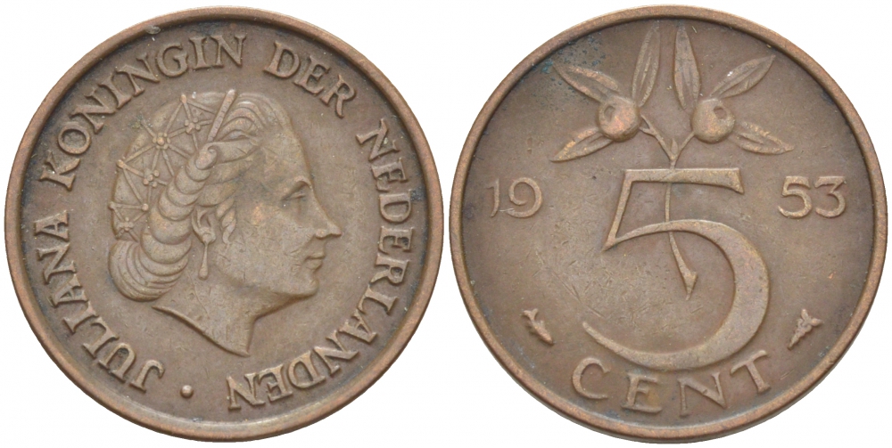 Нидерланды 5 центов 1953 Юлиана (1948-1980) KM 181 бронза 214-767