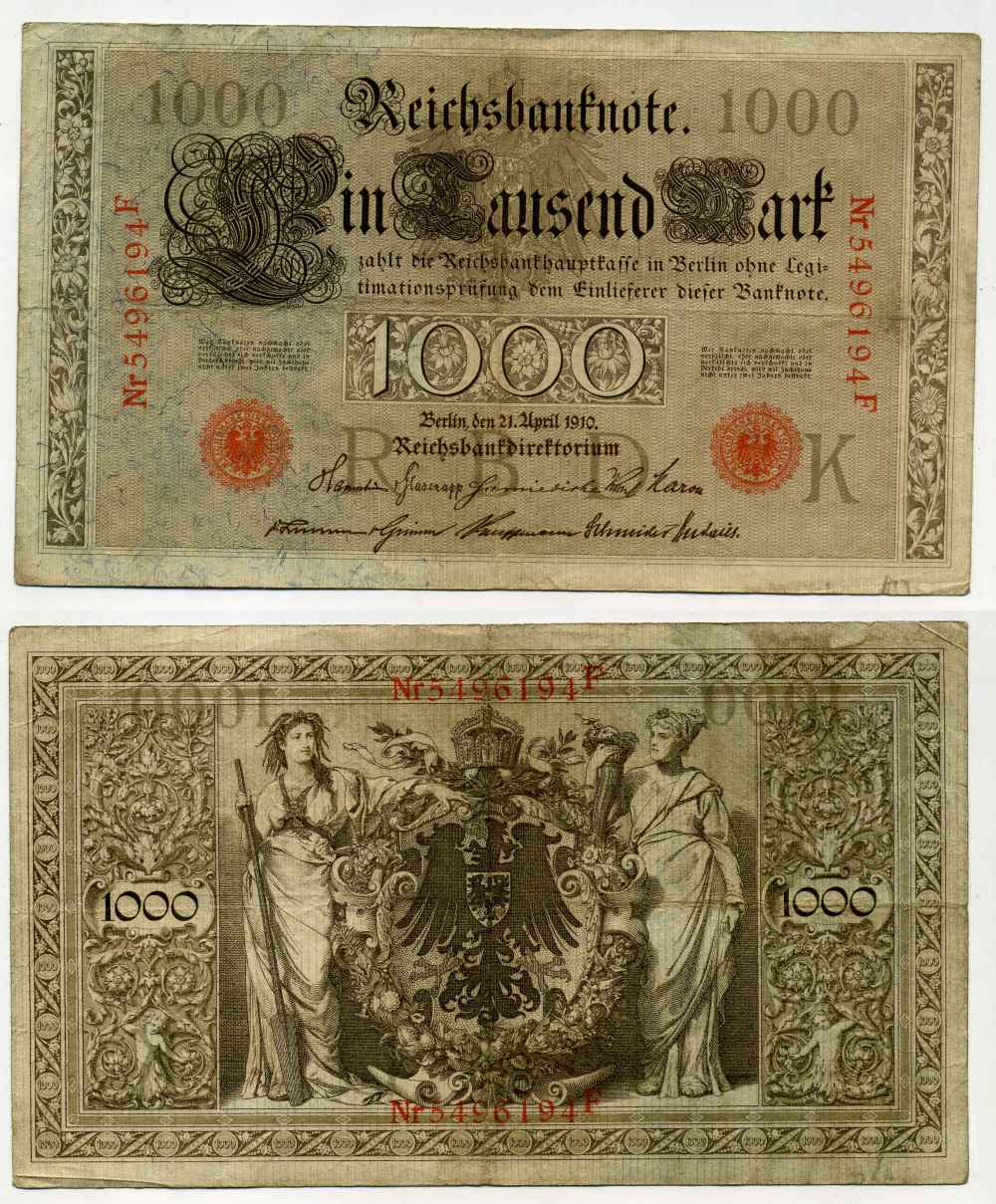 ГЕРМАНИЯ 1000 МАРОК 1910 КРАСНАЯ ПЕЧАТЬ, 7 ЦИФР В НОМЕРЕ Pick 44b бумага 8589-53-3-2