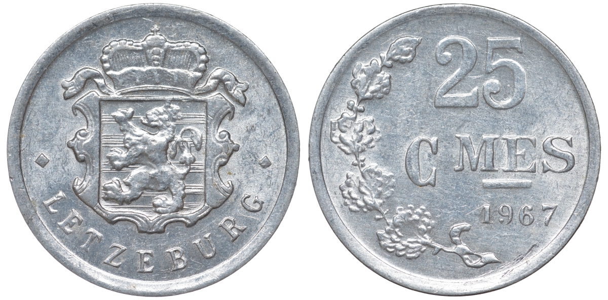 Люксембург 25 сантимов 1967 KM 45a.1 алюминий 4532-1215