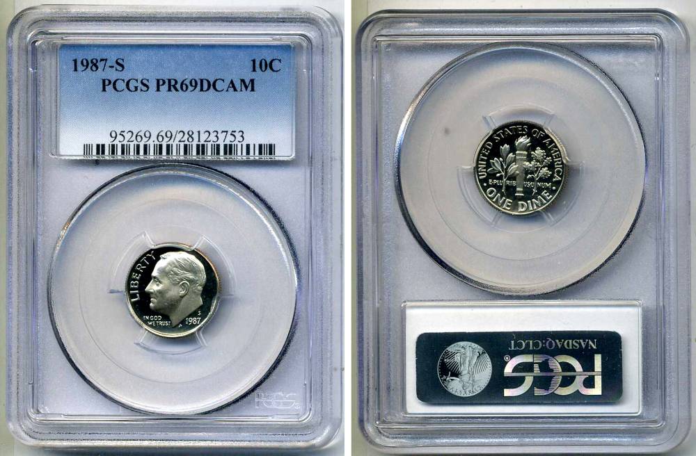 США 10 центов (дайм) 1987 S, президент Рузвельт, в слабе PCGS PR69CAM KM 195а медь плакированная медно-никелем PROOF 15-002-08