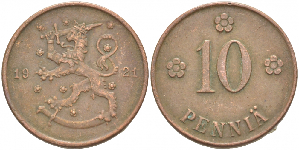 Финляндия 10 пенни 1921 республика (1918-1962) KM 24 медь 4541-152