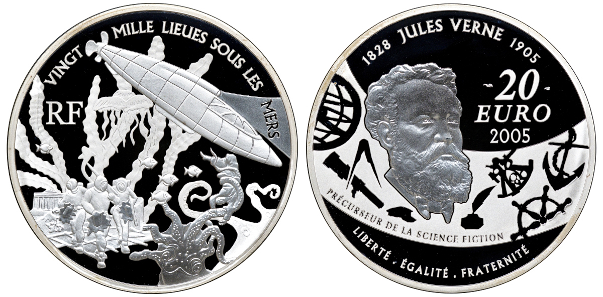 Франция 20 евро 2005 Жюль Верн 20000 лье под водой 155 гр. серебро PROOF 00-000-00