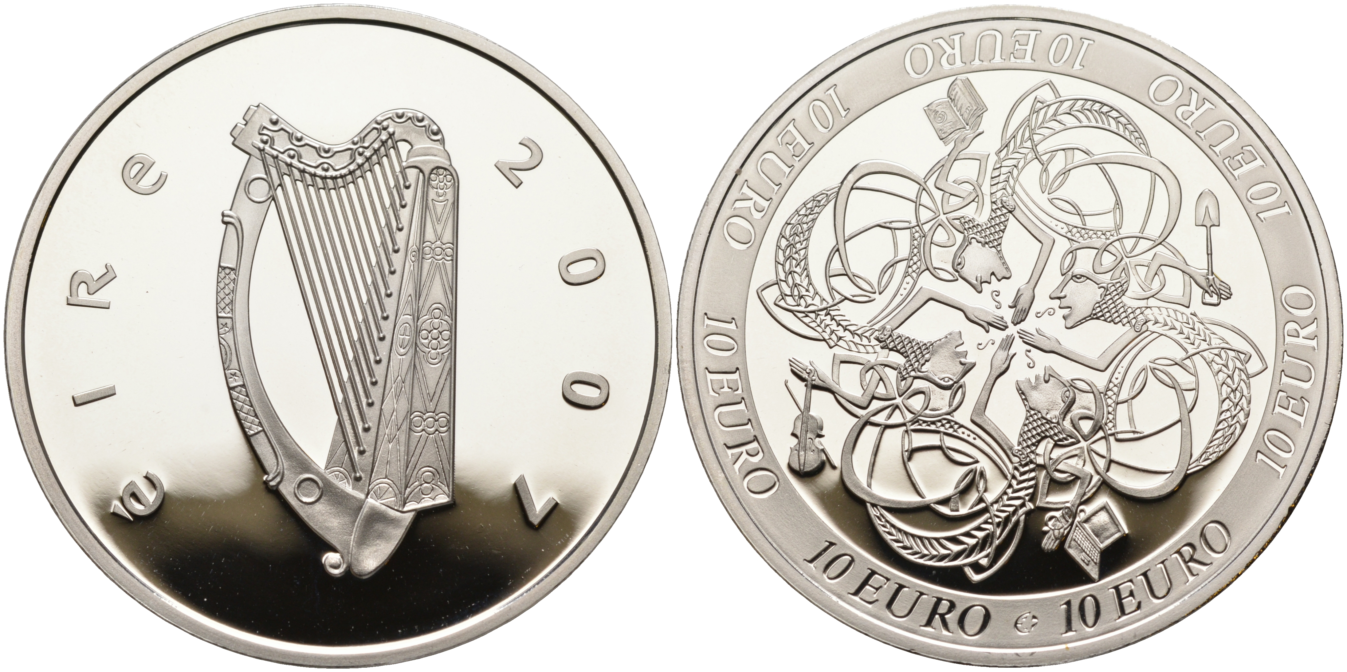 Ирландия 10 евро 2007 влияние Ирландии на европейскую культуру, символы влияния в 4-х областях культуры KM 58 серебро PROOF 01-167-23