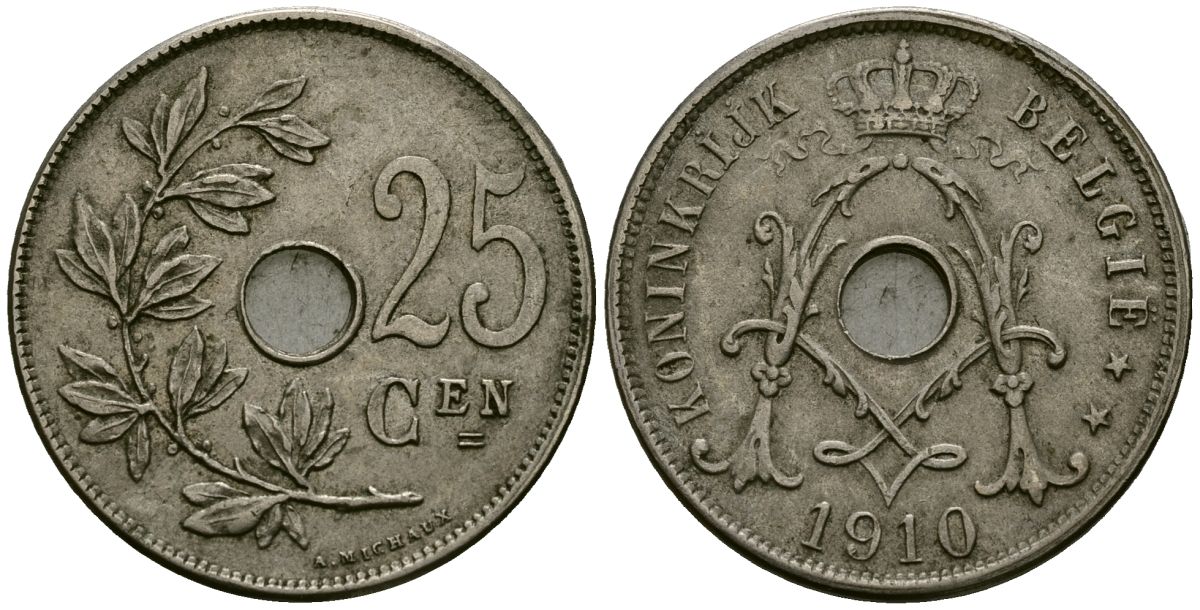 Бельгия 25 сантимов 1910 Belgie KM 69 медно-никель 4165-731
