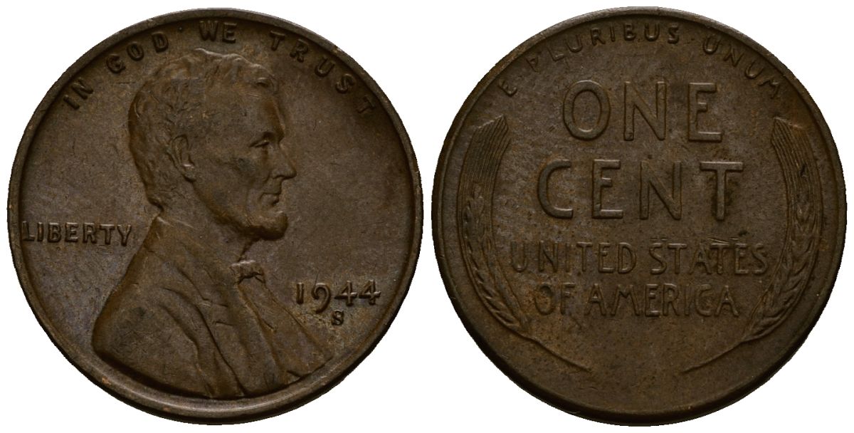 США 1 цент 1944 Линкольн, S KM A132 медь цинк 4164-839