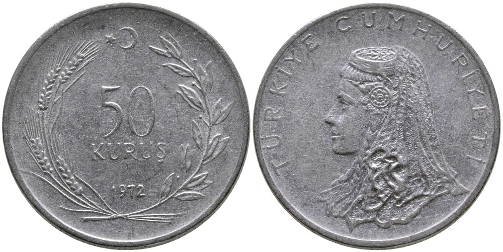 Турция 50 курушей 1972 Анатолийская невеста KM 899 нержавеющая сталь 4541-744