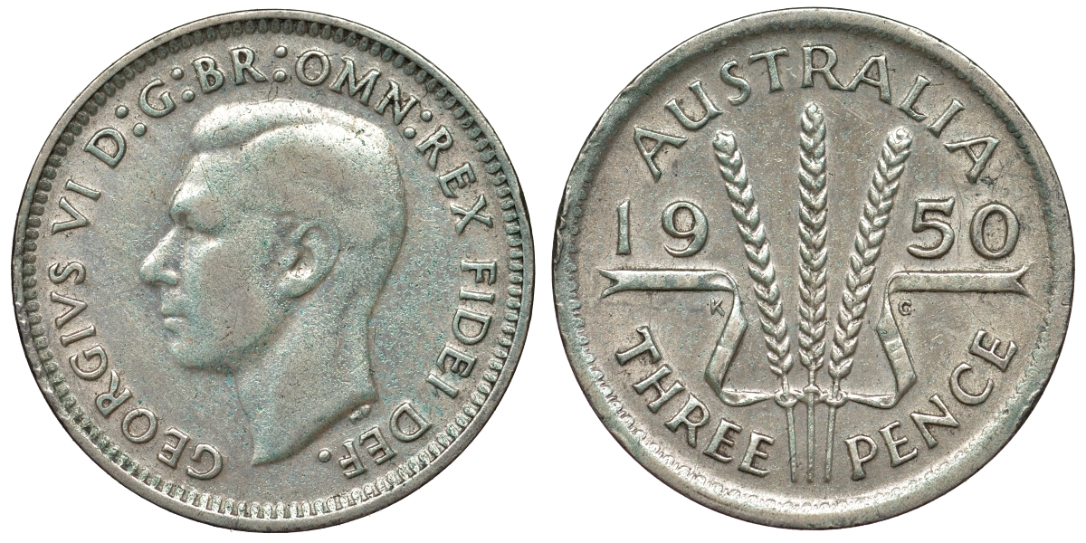 Австралия 3 пенса 1950 m, Георг VI (1937-1952), без букв KM 44 серебро 71-241