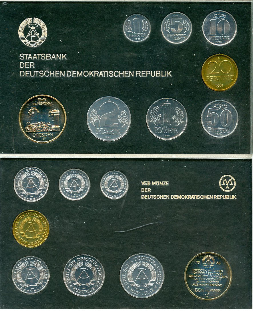 ГДР официальный набор из 8 монет включая 5 марок Дрезден, разрушенная Фрауенкирхе 1985 тираж 6000 экземпляров, твердый пластик KM MS10   UNC  8-2-04-11