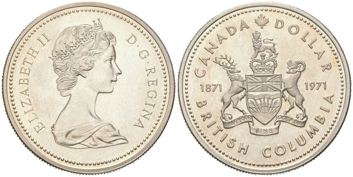 Канада 1 доллар 1971 100 лет присоединению Британской Колумбии KM 80 серебро BU 00-1067-1-14