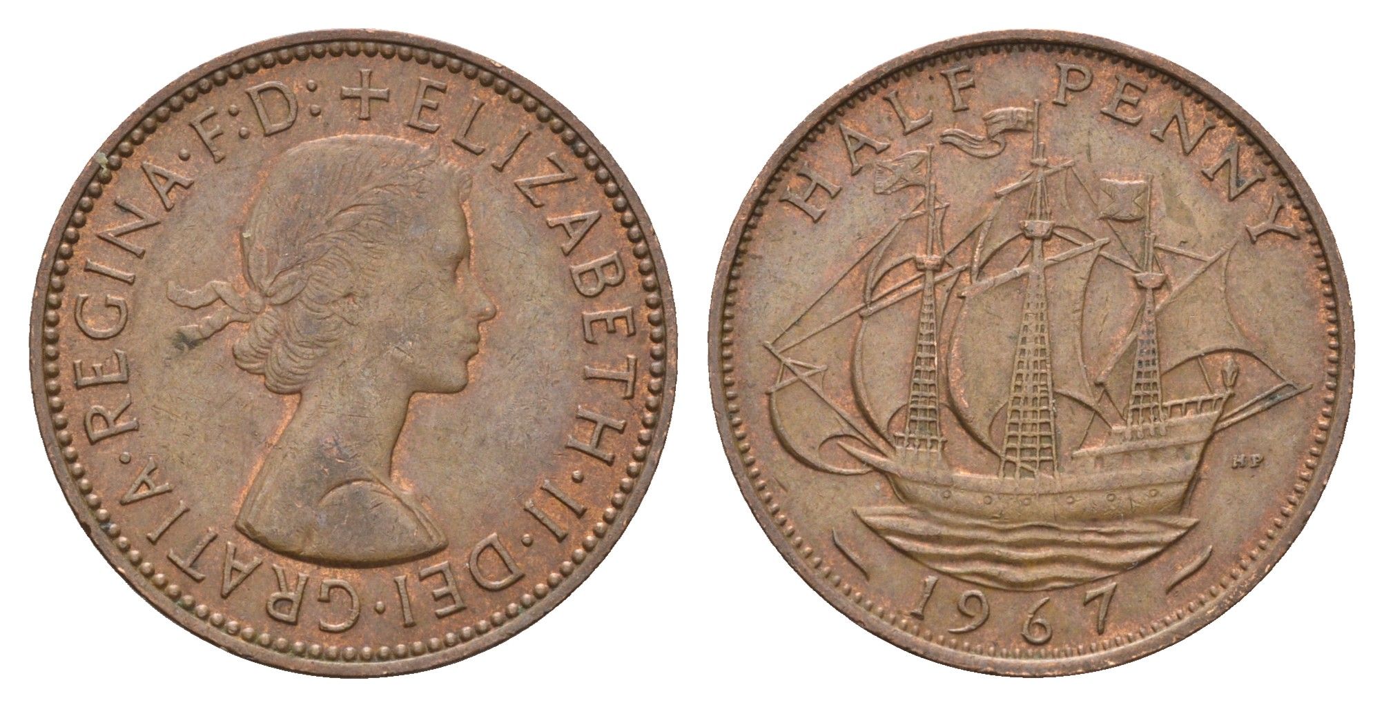 Великобритания 1/2 пенни 1967 Елизавета II (1952-2022) KM 896, Spink 4158 бронза 4671-1142