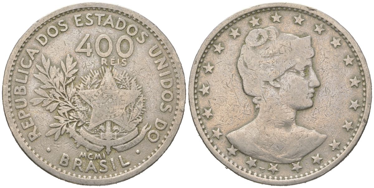 Бразилия 400 реалов 1901 MCMI, голова свободы вправо KM 505 медно-никель 4612-452